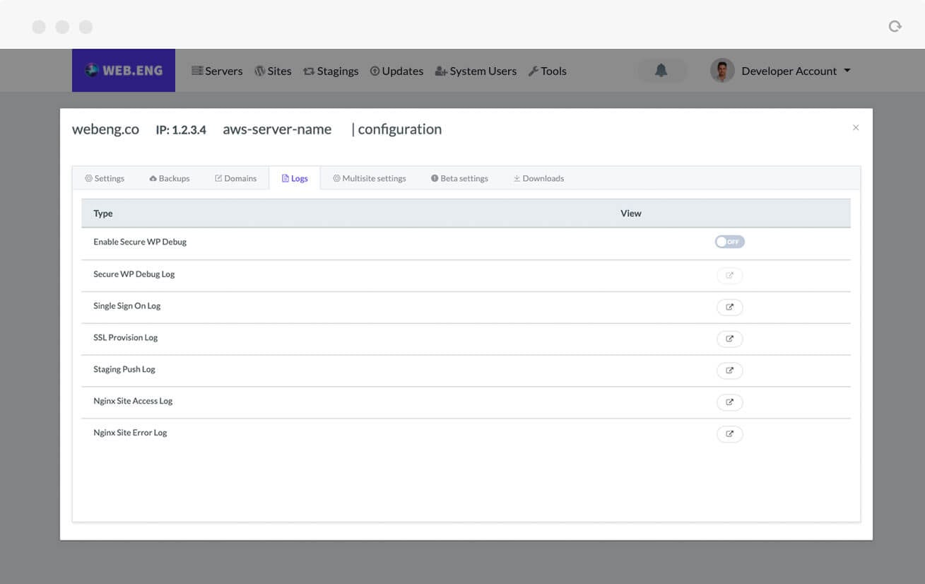 Web.Eng Console – WordPress Website Layer – Logs
